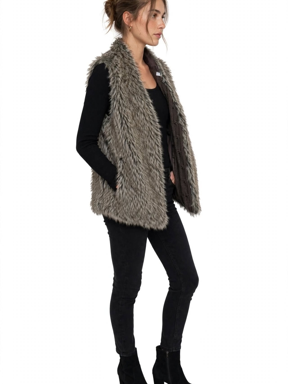 JOSEPH A. Faux Fur Vest Brown Cable Knit Back Shaggy Boho Size M